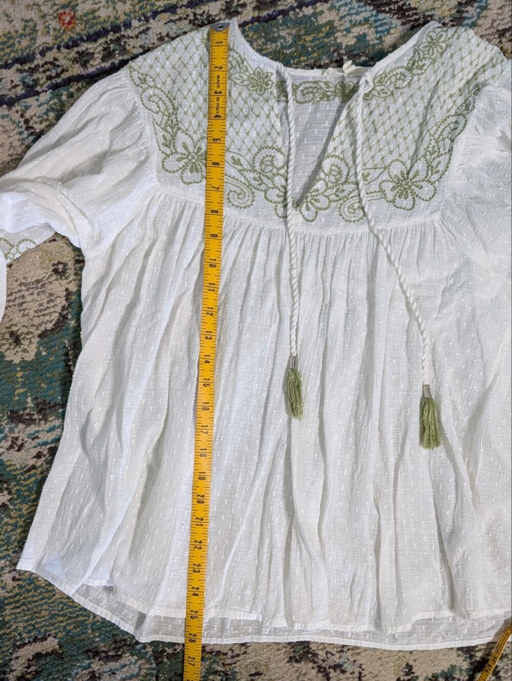 Embroidered White Peasant Blouse with Green Accents - Picture 4 of 10